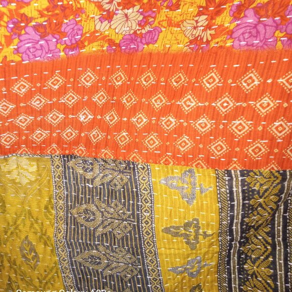 Kantha Quilt Blue Yellow Burnt Orange 54" x 83" Premium 3 Layer Cotton K141. - Picture 6 of 6